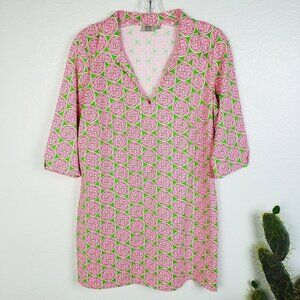 Katherine WAY Tunic Dress Geometric Print UPF Fabric Pink Green V-neck size L